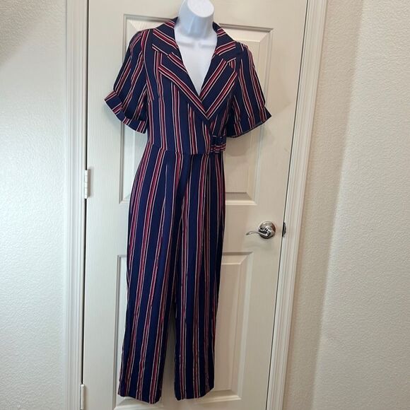 ASOS Pantsuit Sz 0 V Neck Collar Short Sleeve Navy Blue Red Striped Side Belted - Picture 1 of 15